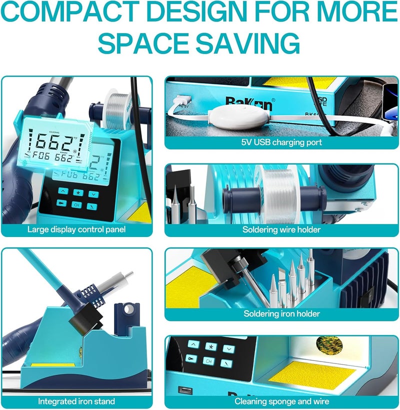 BAKON BK602S 2 in1 Soldering Iron Hot Air Rework Station,Digital Soldering Welding Iron Kit for Electronic DIY Circuit Work, Rapid Heat up Solder Station,Auto Sleep,ºC/ºF Conversion - Image 5